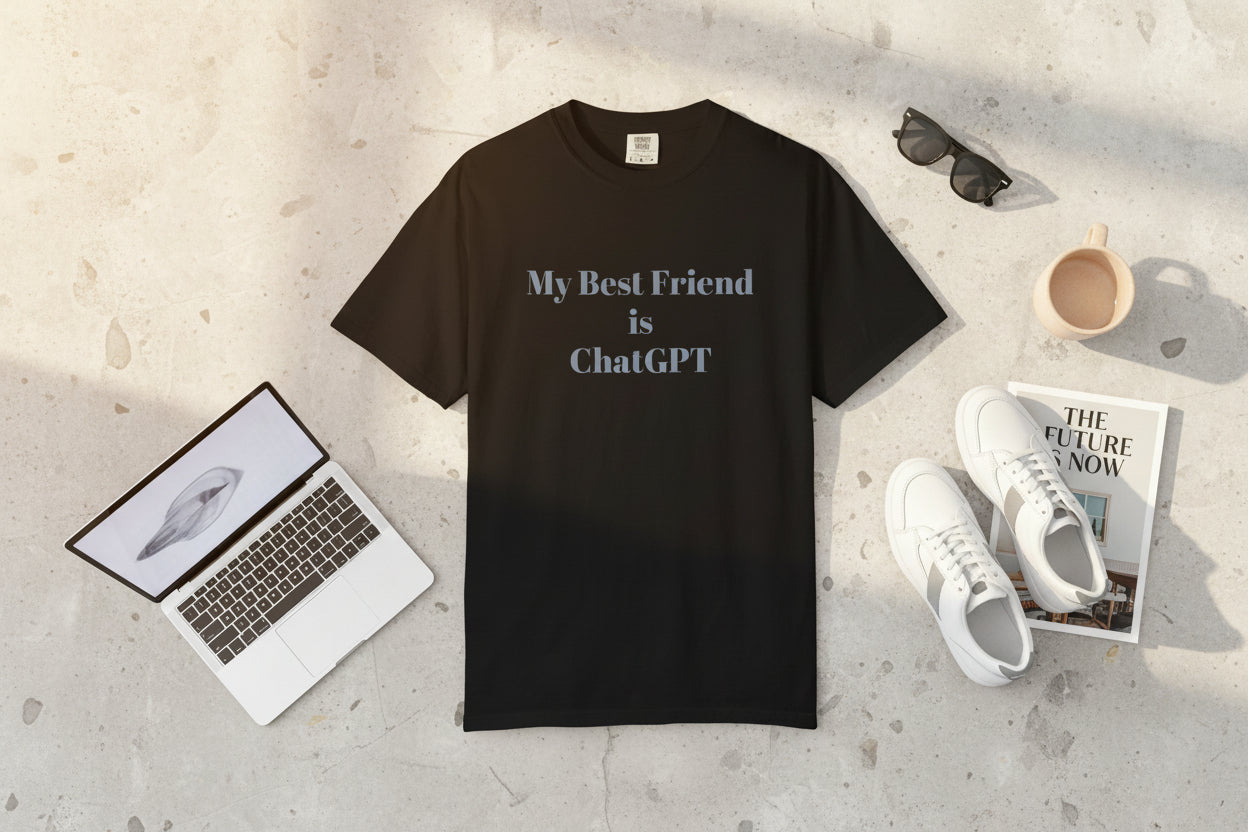 Black t-shirt with 'My Best Friend is ChatGPT' text on a white background