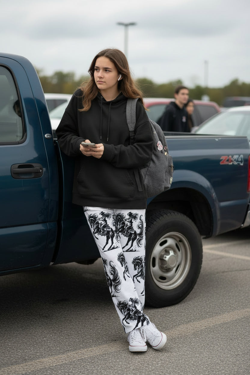 teen wearing wild cowgirl pajama pants