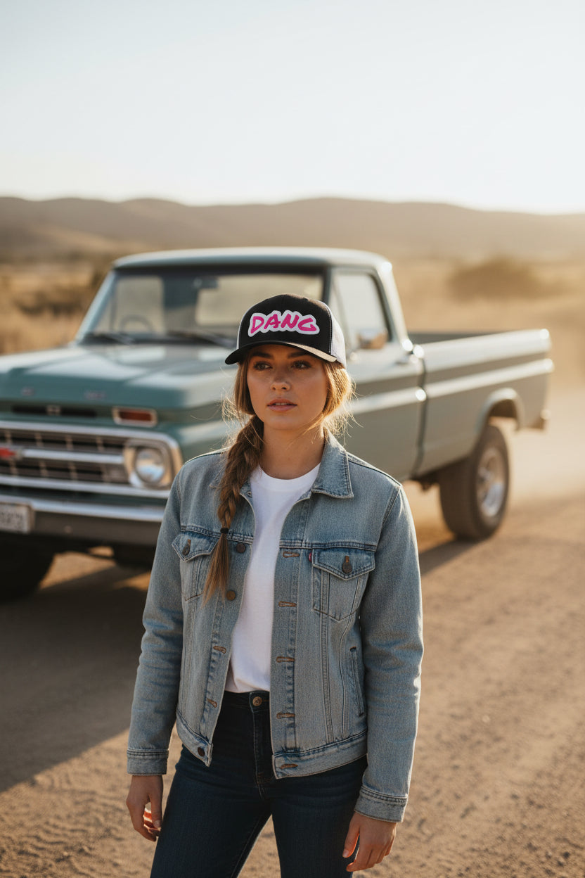 woman wearing black white and pink dang trucker hat near truck on a dirt road. 