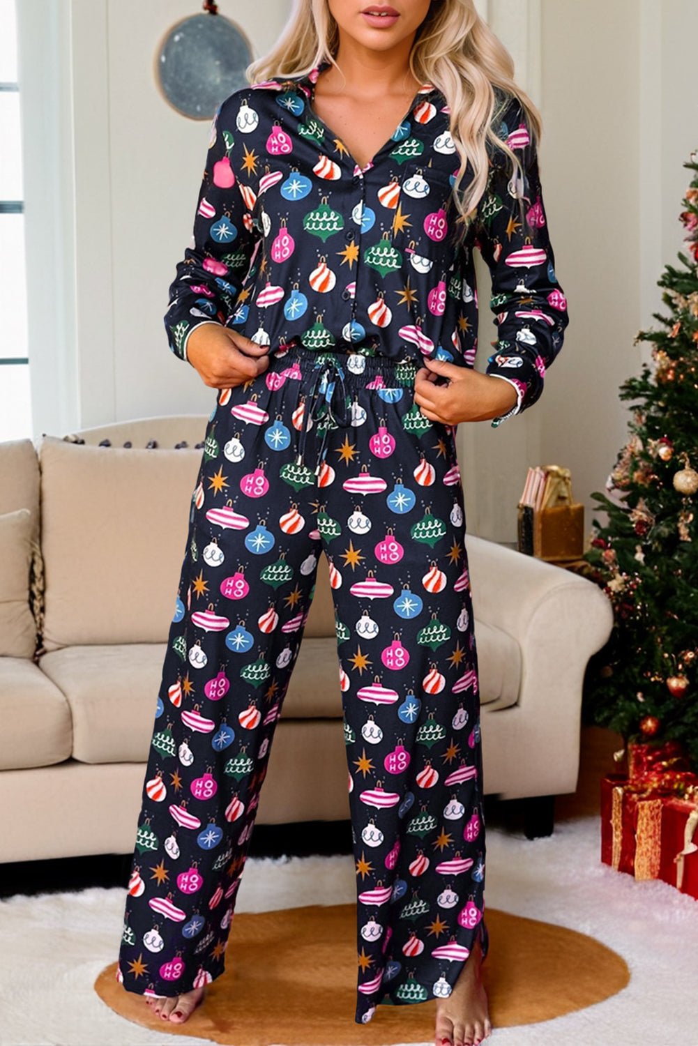 Blue Colorful Christmas Lights Pajamas, Women's Christmas Lounge Set, Blue Christmas - Razels