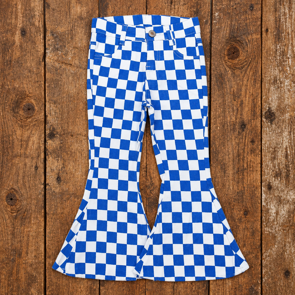bluechecker flare jeans for girls on barnwood
