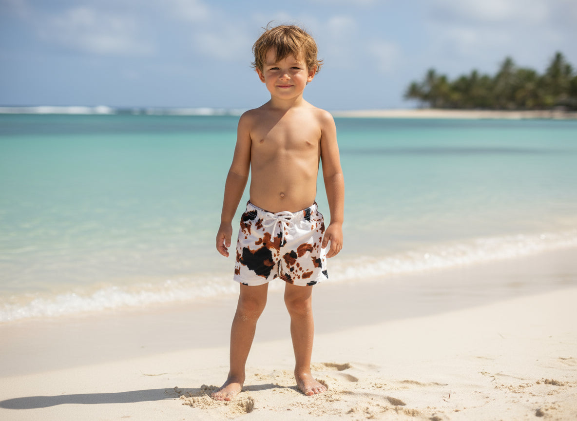 Cow Print Swim Suits are perfect for little cowboys and cowgirls!  Available Styles: Cow Print One-Piece, 2-piece tankini, or boys&#39; Cowprint Shorts.Available in sizes 0-3 months to 8/9 years. Ship FREE with $35+ purchase.
