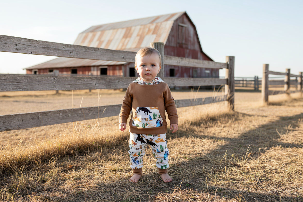 Little Cowboy Outfit – Exclusive to Razels!

Get your little cowboys ready for adventure with this Boys Western Outfit, the perfect blend of style and comfort! This playful set features a lightweight hoodie sweatshirt with a convenient kangaroo pocket and coordinating cowboy-print jogger pants. The retro cowboy design adds a fun and nostalgic vibe, making this outfit perfect for any little cowboy who loves to ride in style! 🤠 SHIPS FREE WITH $35 ORDER FROM MONTANA