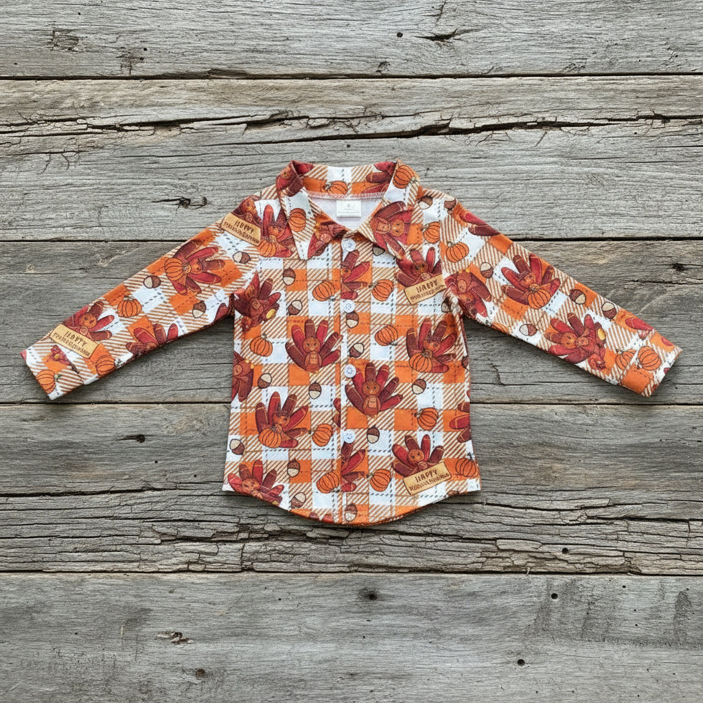 Boys Thanksgiving Turkey Button-Up Shirt – Fall Plaid Long Sleeve | Cute Pumpkin & Turkey Print Top | Sizes 3–6 Months to 7/8