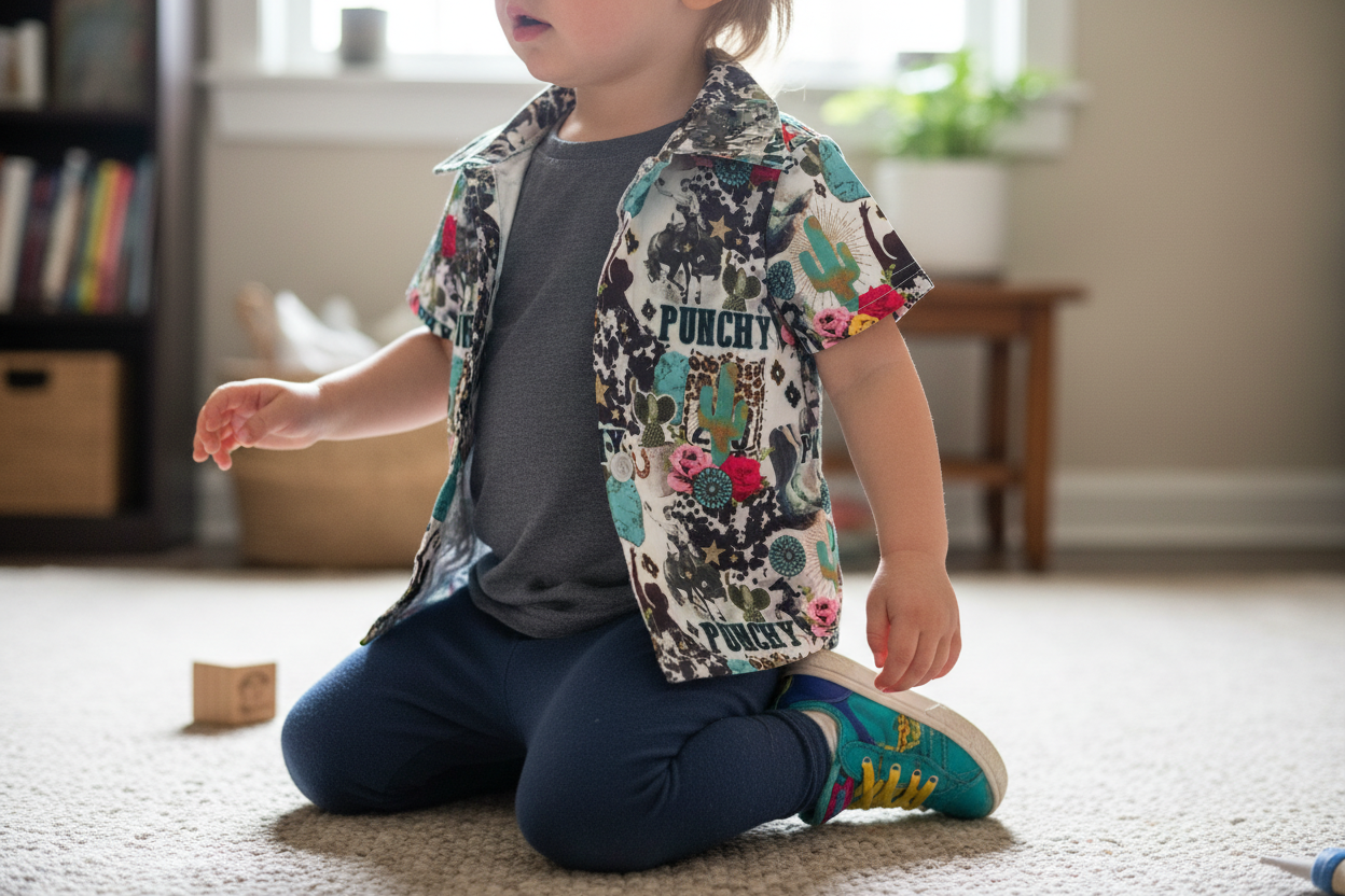 Child sitting on the floor wearing a colorful western floral shirt with text, dark pants, and multicolored shoes.