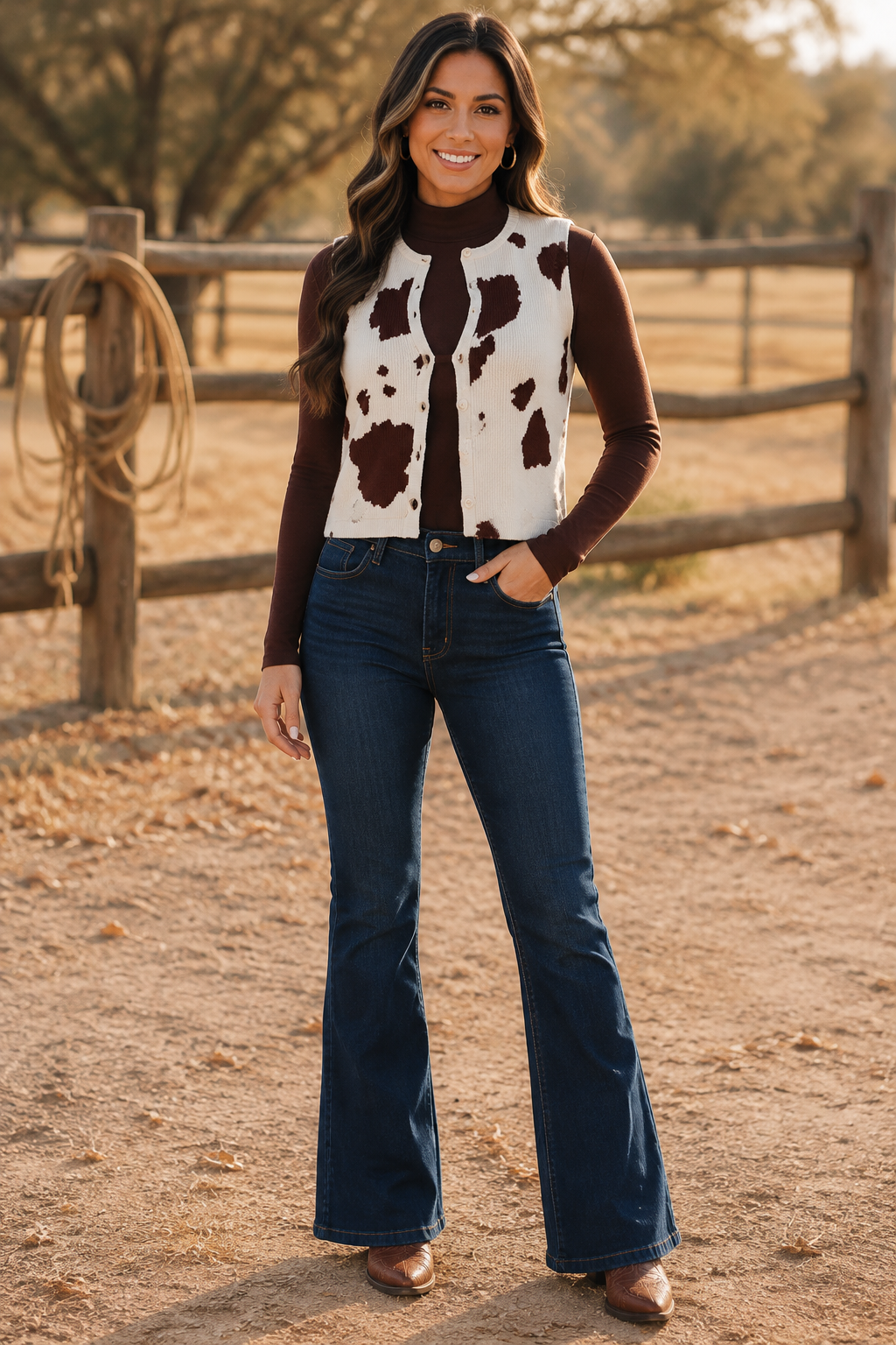 A woman stands outdoors on a dirt path in front of a wooden fence, wearing a brown and white cow-print sleeveless vest over a dark brown long-sleeve top with dark blue flared jeans and brown boots.