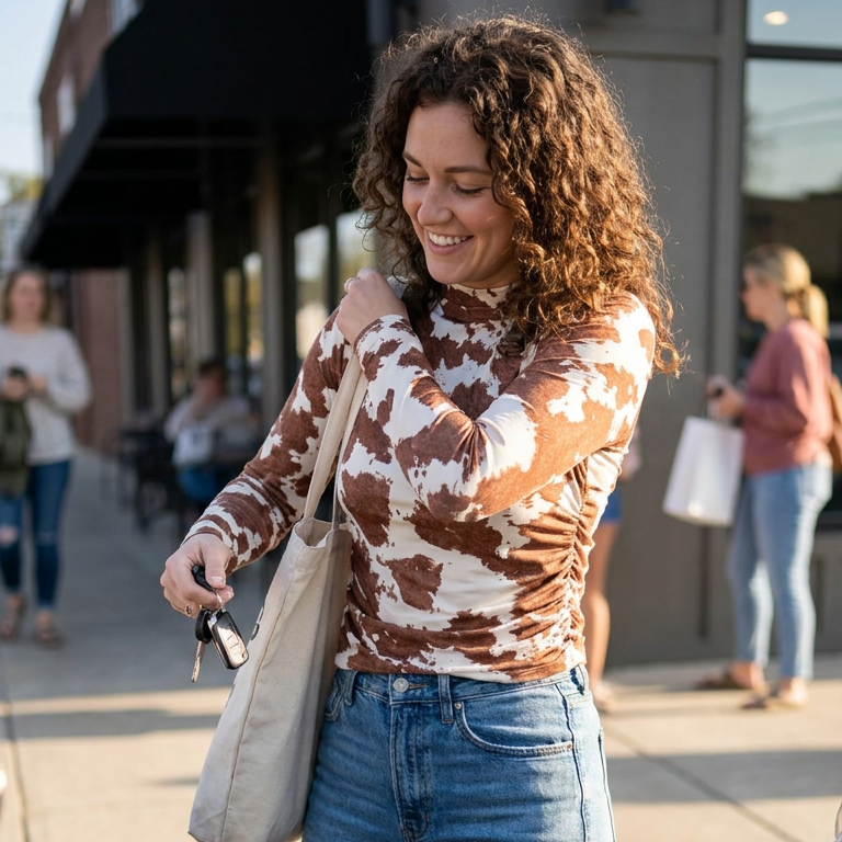 A woman with curly brown hair stands on a city sidewalk wearing a brown and white cow-print long-sleeve top, blue jeans, and beige sneakers, carrying a cream canvas tote bag.