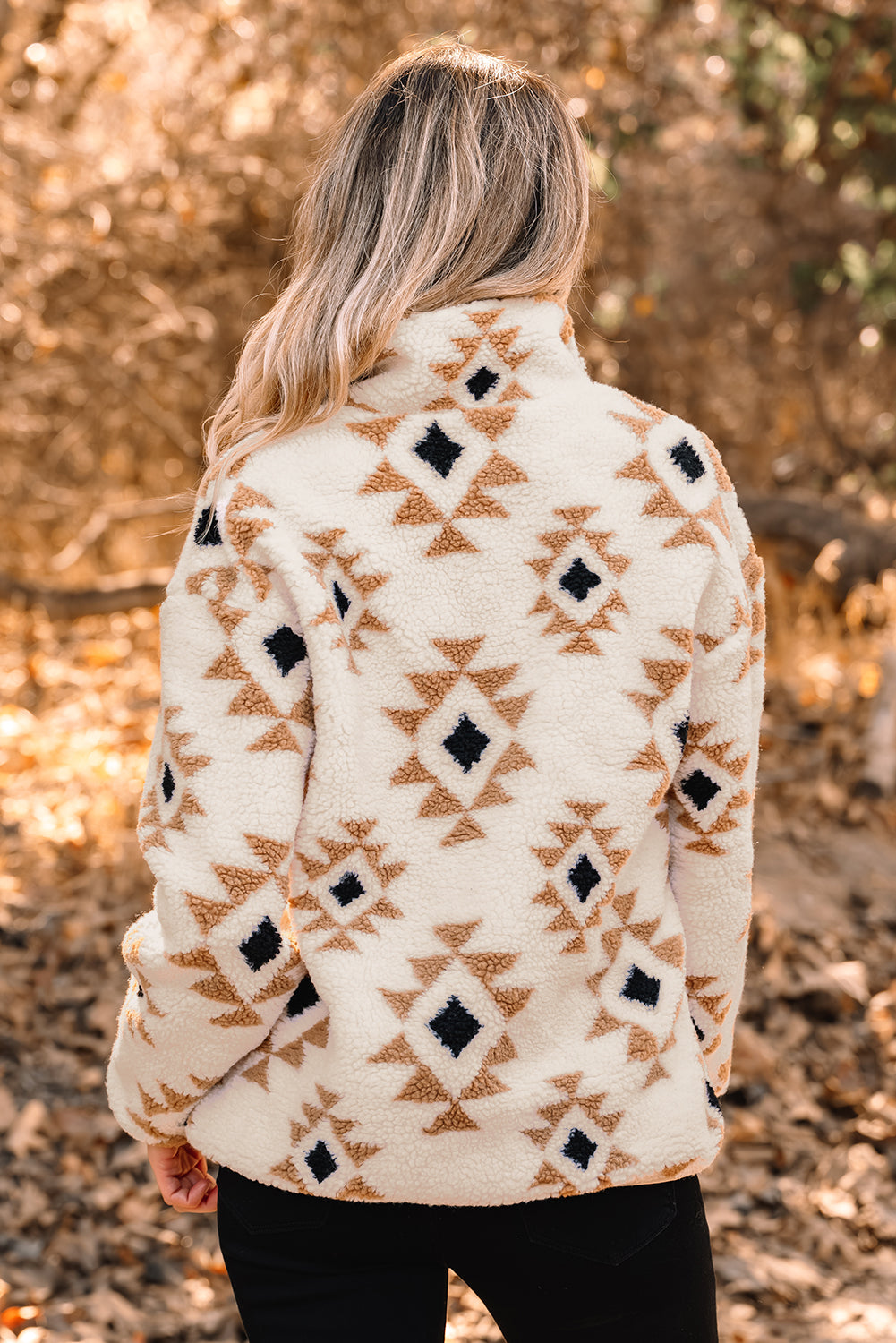 Khaki Aztec Sherpa Quarter Zip Sweatshirt – Cozy Western Print Pullover, Warm Fleece Half Zip Women’s Fall & Winter Casual Top