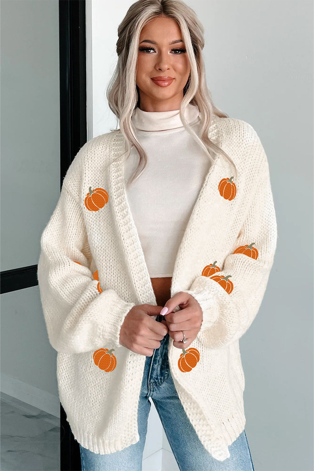 White Pumpkin Print Cardigan – Women’s Open Front Midi Sweater, Drop Shoulder Knit Fall Outfit Layering Piece