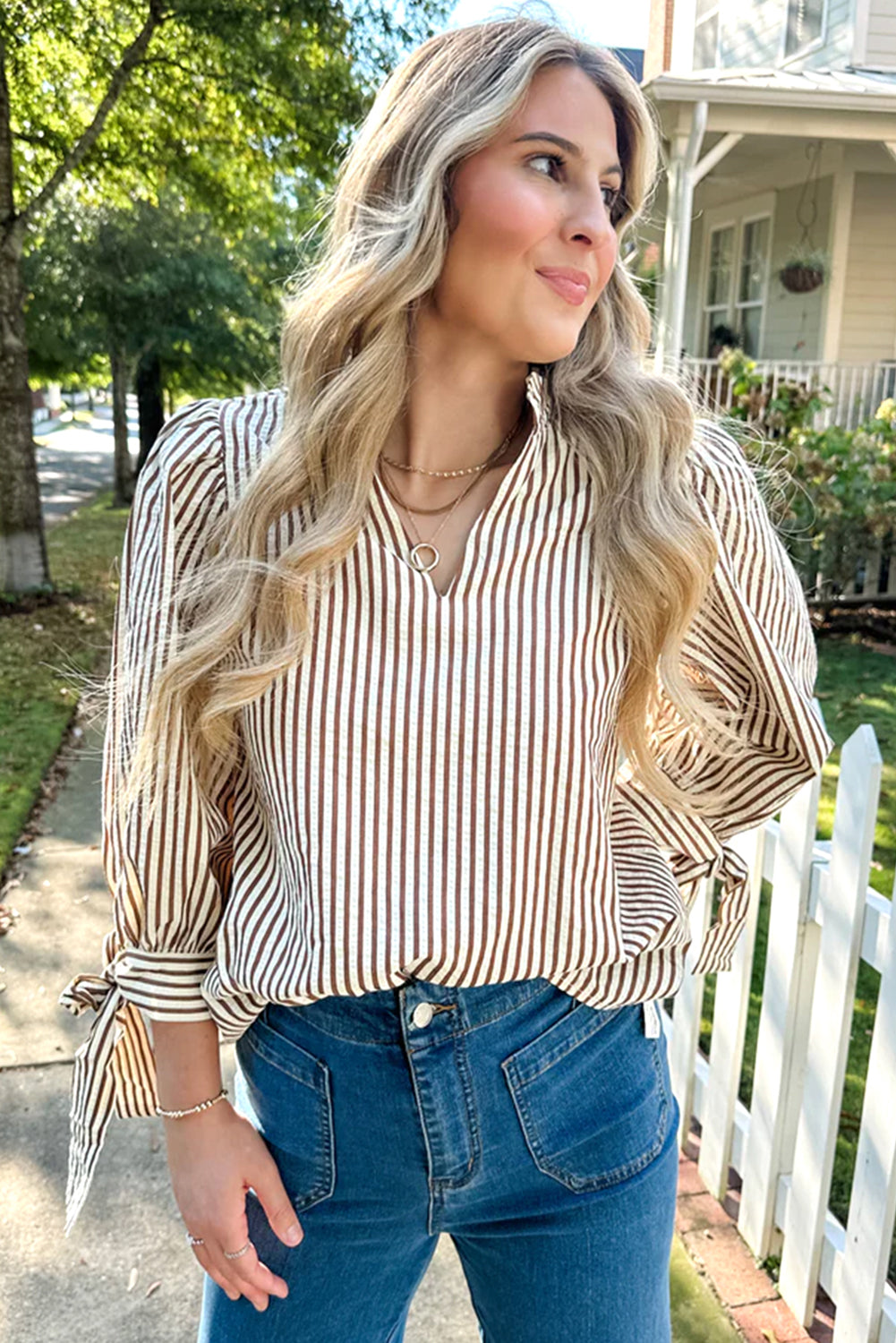 Fall Yellow Striped Blouse – Women’s Seersucker Split Neck Top with Tied Cuff Sleeves