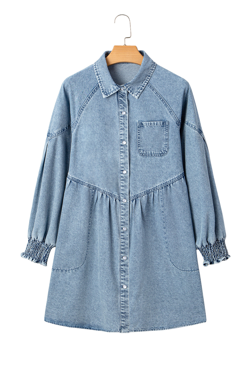 Blue Ruffle Denim Mini Dress – Smocked Cuffs, Flared Skirt & Heart Buttons, Western Denim dress