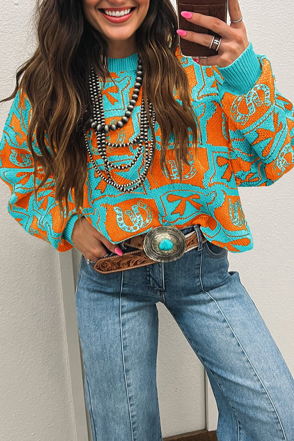 Turquoise Western Sweater – Bows & Horseshoes Knit Pullover, Cozy Cowgirl Fashion Top