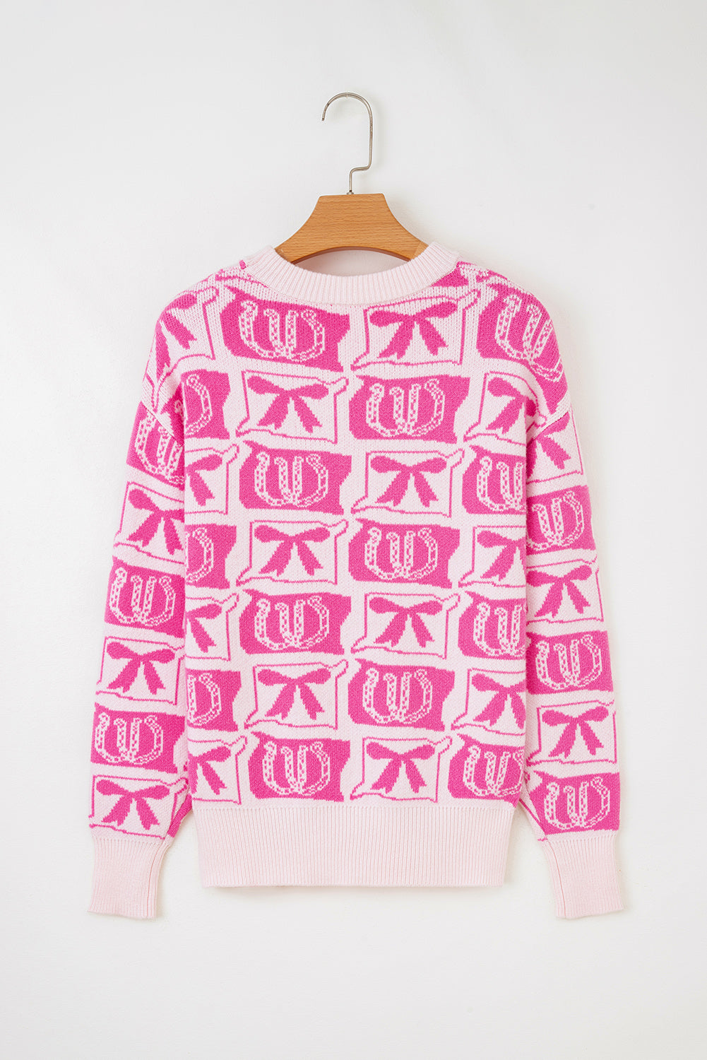 Pink Bows & Horseshoes Sweater, Western Pattern Knit Pullover, Cozy Womens Cowgirl Sweater FREE Shipping $35+, Cute Pink Western Style Top