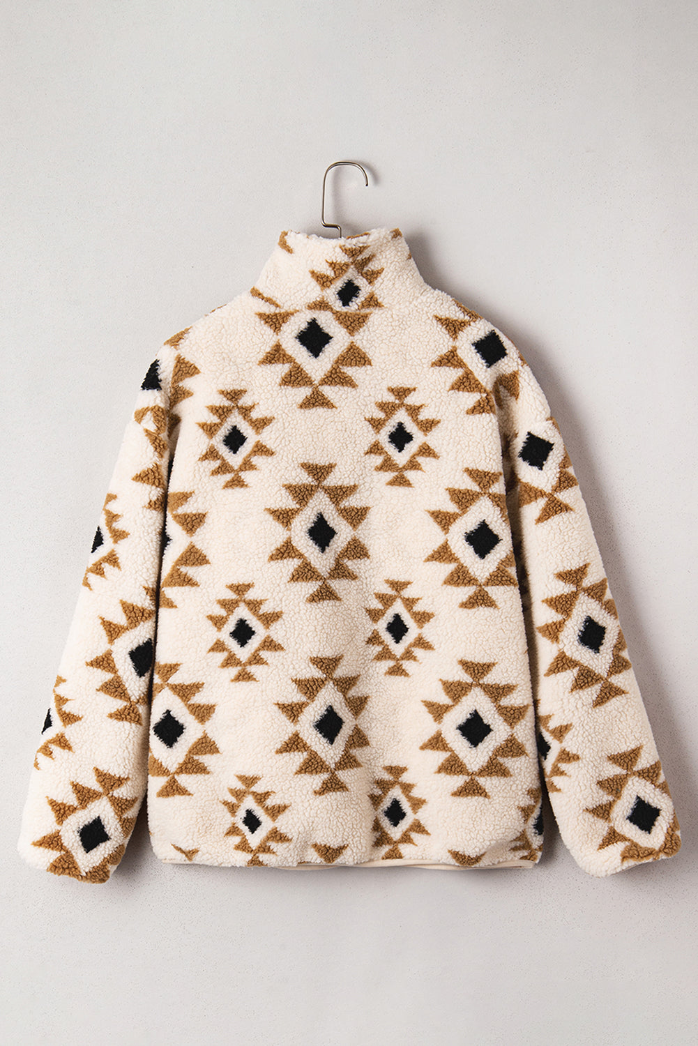 Khaki Aztec Sherpa Quarter Zip Sweatshirt – Cozy Western Print Pullover, Warm Fleece Half Zip Women’s Fall & Winter Casual Top