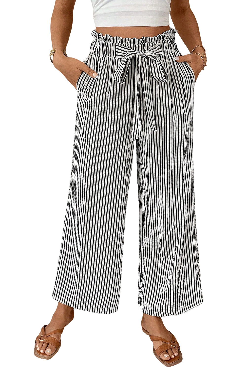 Black Striped Tie Waist Casual Pants – Loose Fit Lightweight Travel Trousers for Women