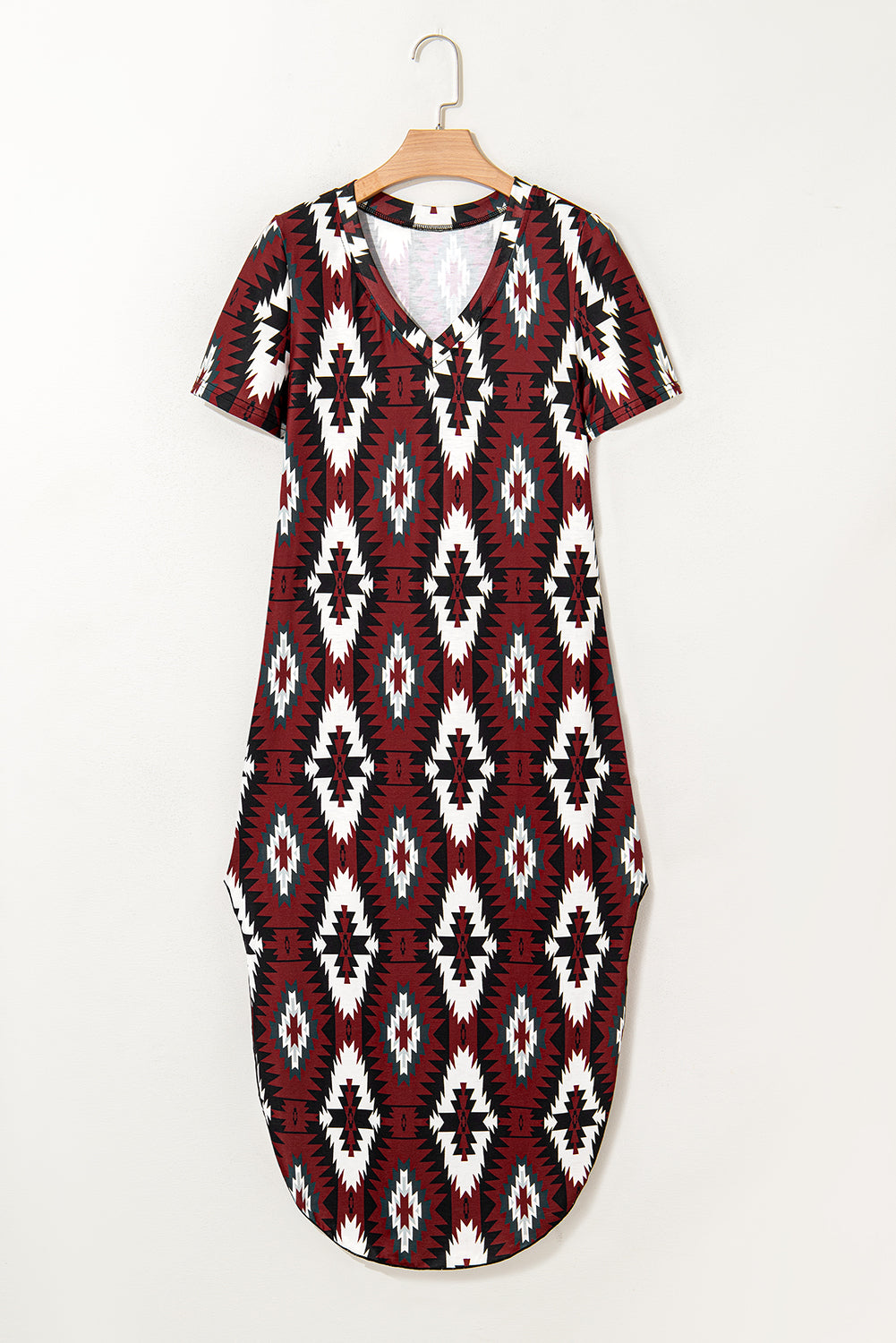Red Western Aztec Print T-Shirt Dress | V-Neck Long Dress with Side Slits
