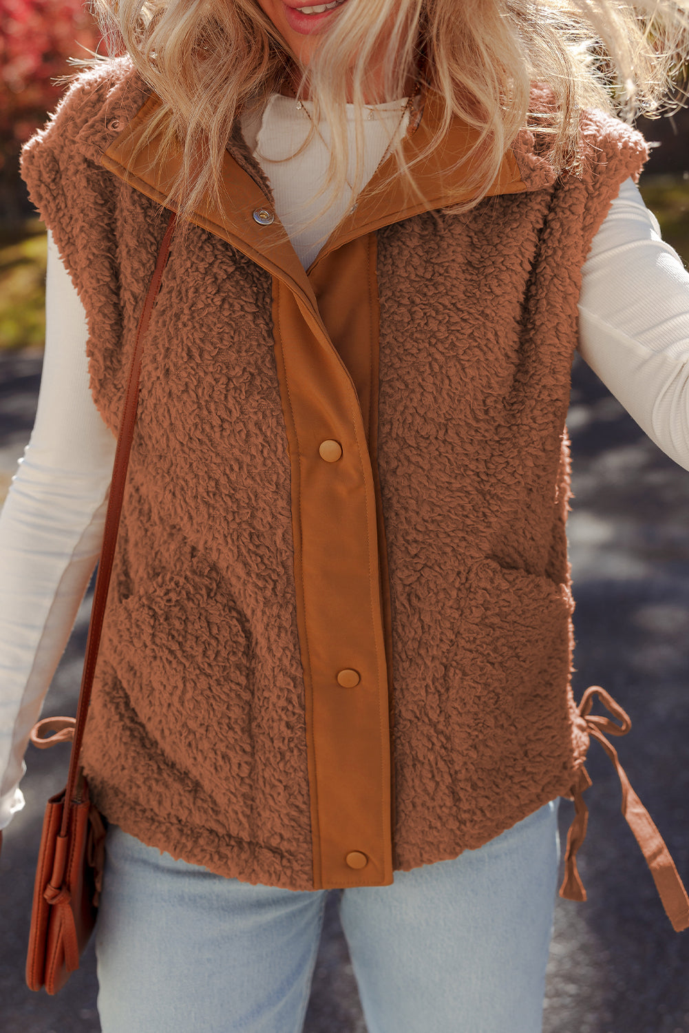 Cinnamon Faux Fur Vest – Snap Button Front Knot Side Plush Vest with Pockets, Cozy Layering Women’s Fall & Winter Fashion Outerwear