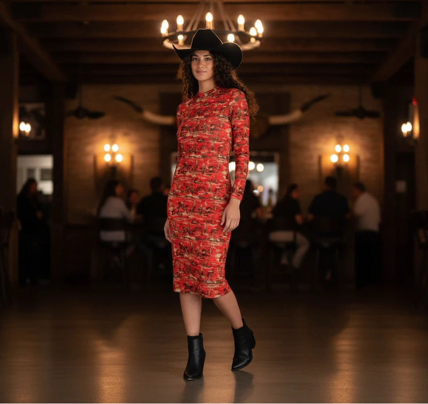 WOMEN'S COWGIRL DRESS. SHIPS FREE FROM MONTANA Red Cowboy Print Midi Dress