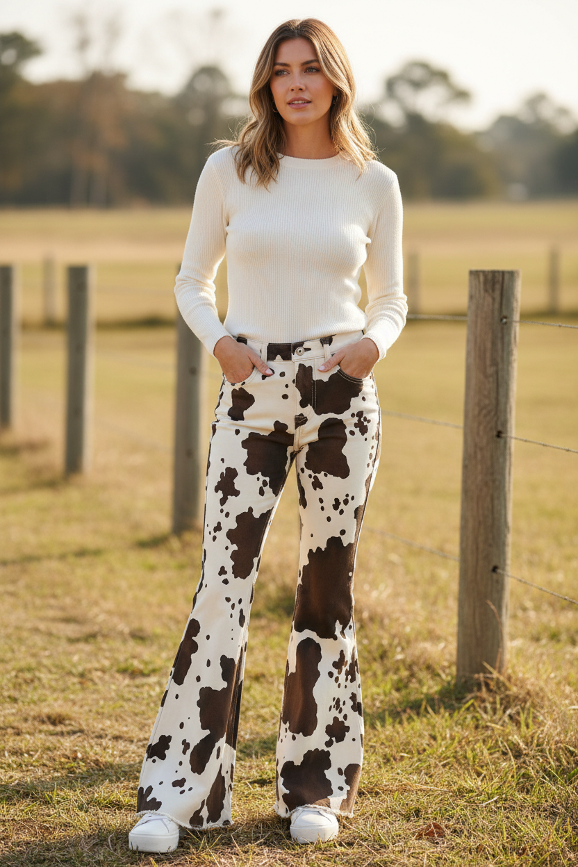 Woman wearing a white long-sleeve top and cow print pants standing in a field.
