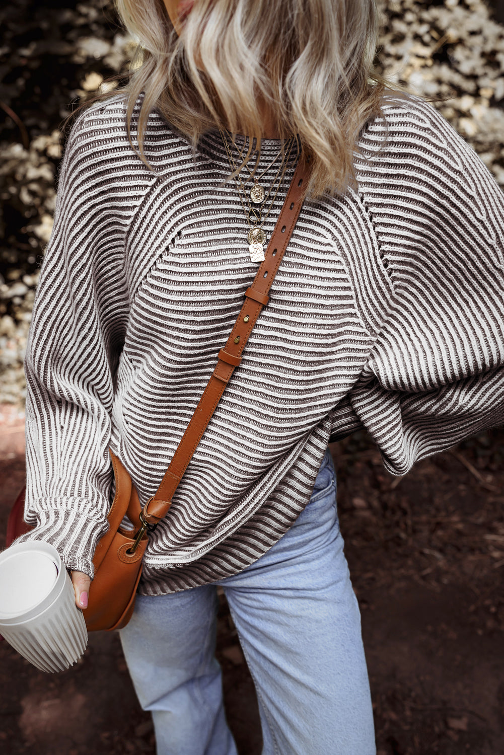 Coffee Striped Ribbed Knit Sweater, Womens Boat Neck Oversized Sweater, Cozy Baggy Striped Knit Top, Classic Ribbed Pullover