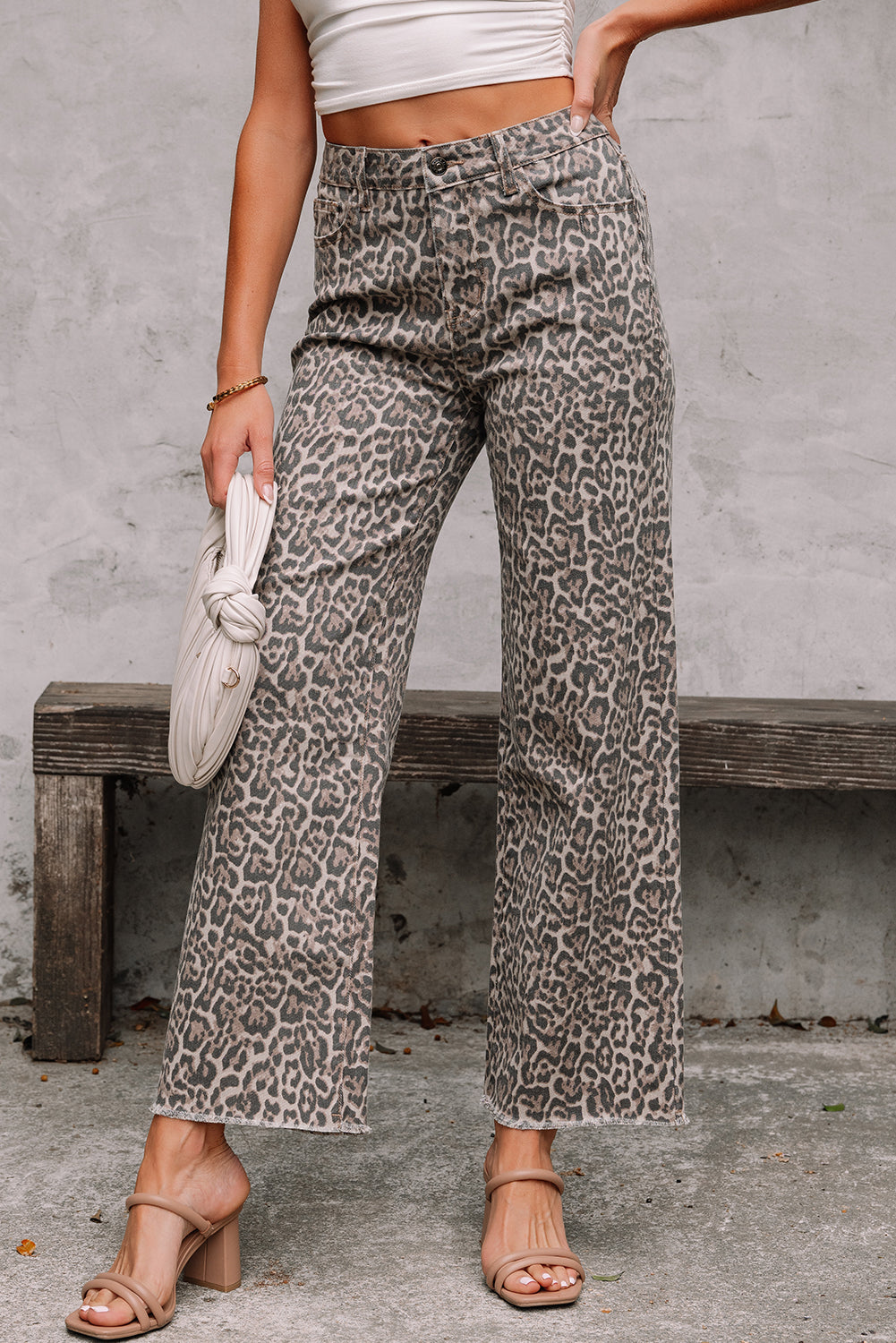 Womens Leopard Cheetah Print Jeans, Wide Leg Cropped Jeans, Brown Leopard Frayed Edge Wide Leg High Waist Jeans