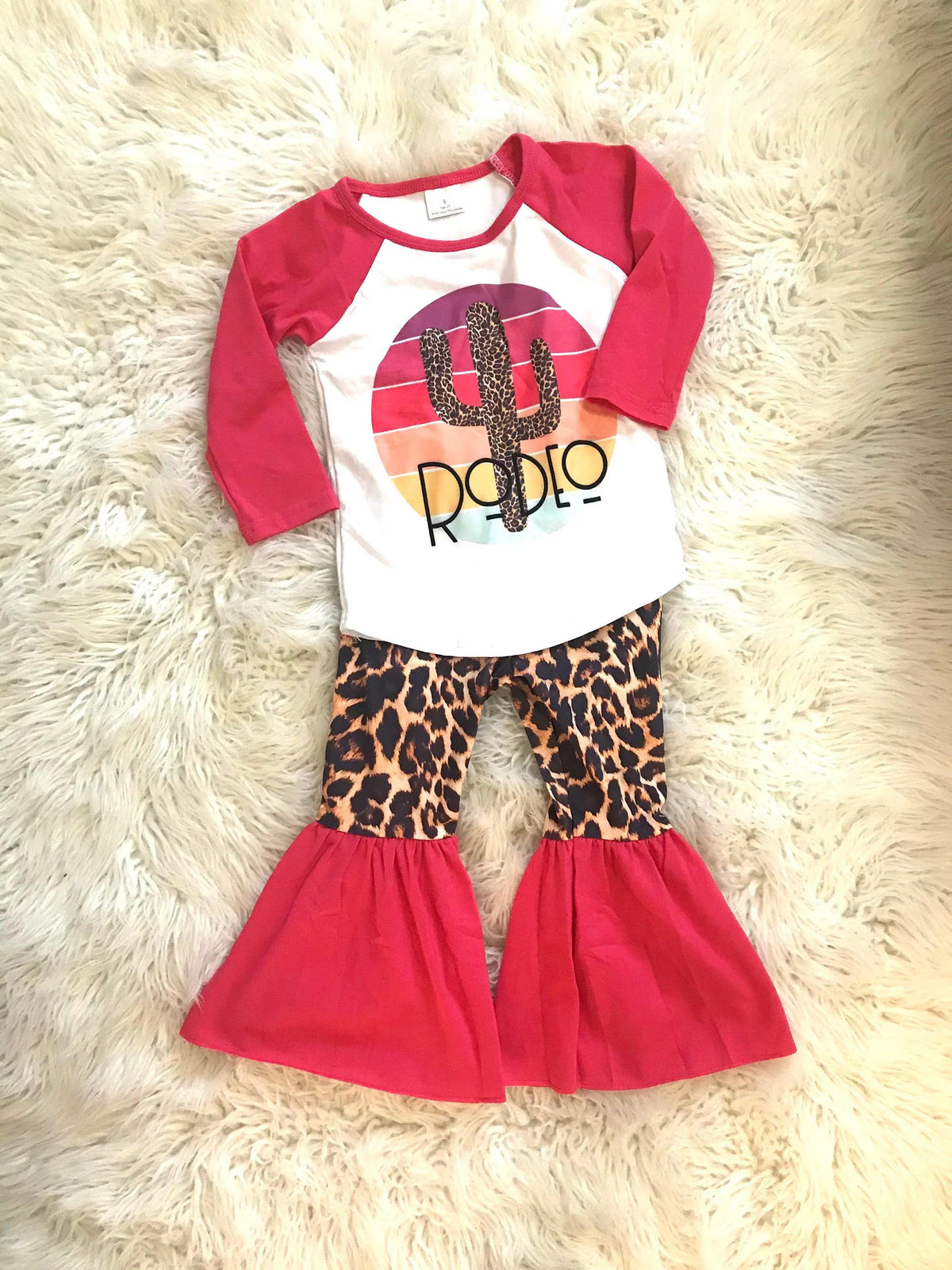 Girls Rodeo Outfit, Cactus Shirt, Leopard Bell Bottoms, Size 3T