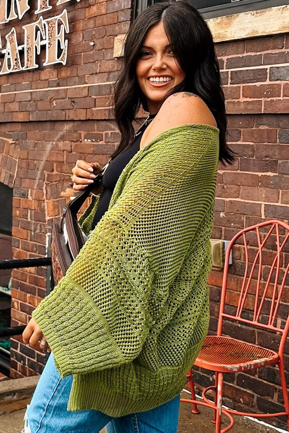 Women’s Fall Cardigan | Oversized Spinach Green Crochet Knit Open Front Sweater