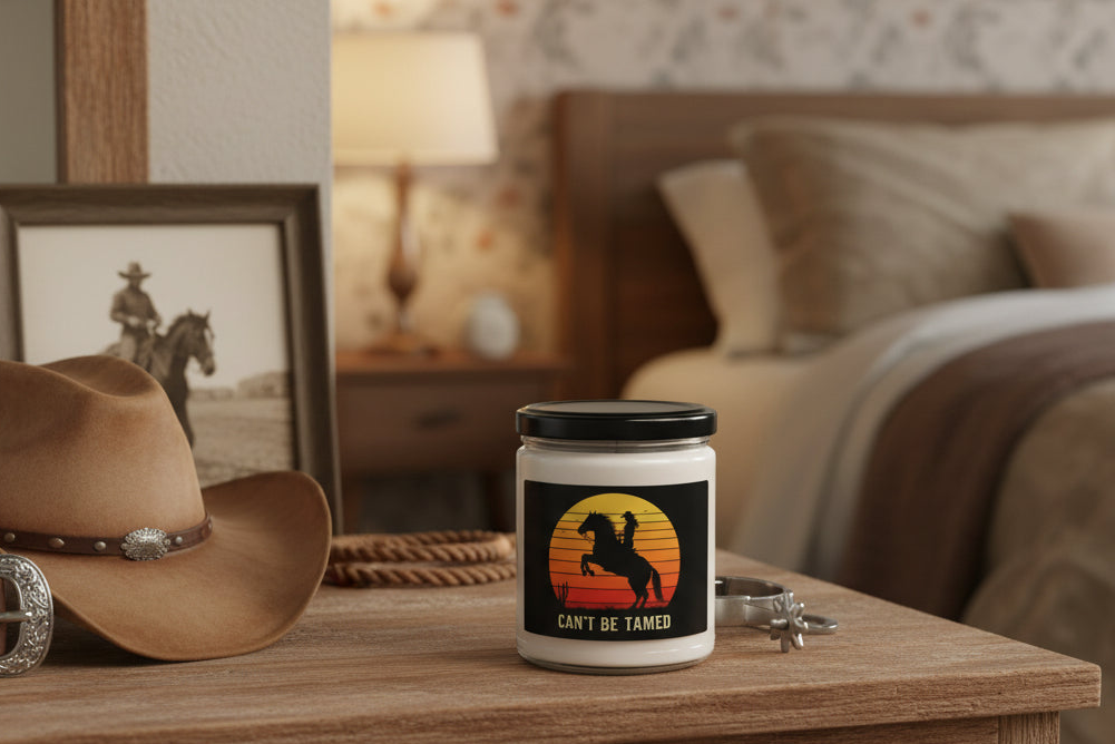 Can't Be Tamed Cowgirl Candle, Western Home Decor, Gift for Horse Lovers, 9oz Soy Candle, Cowgirl on Rearing Horse, Scented Candle