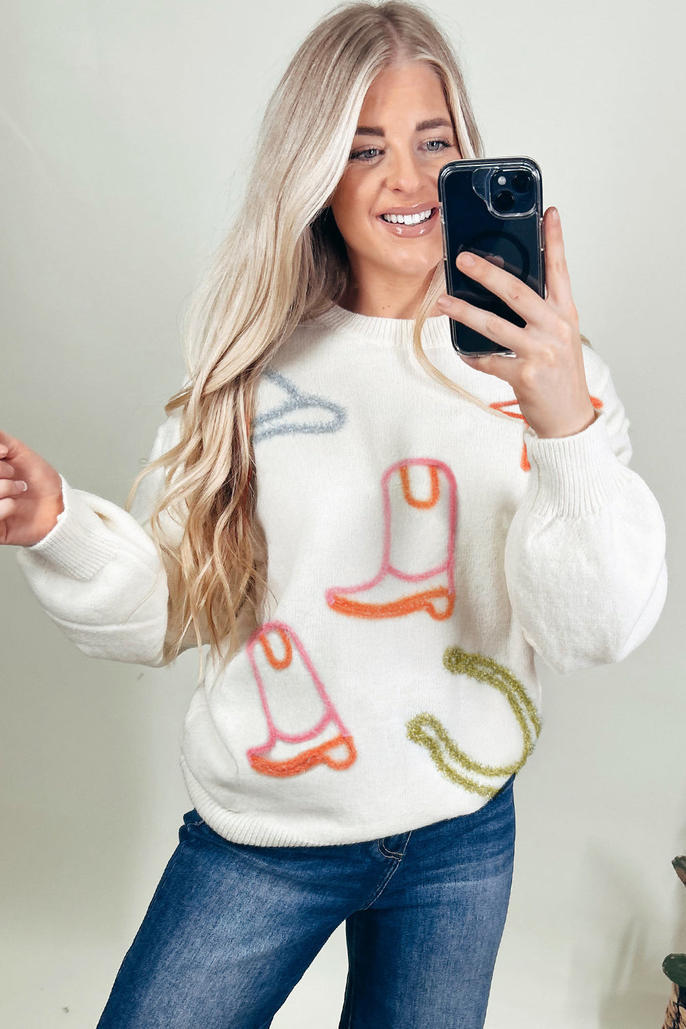 White Tinsel Western Boots & Horseshoe Star Knit Sweater | Cowgirl Graphic Crew Neck Pullover