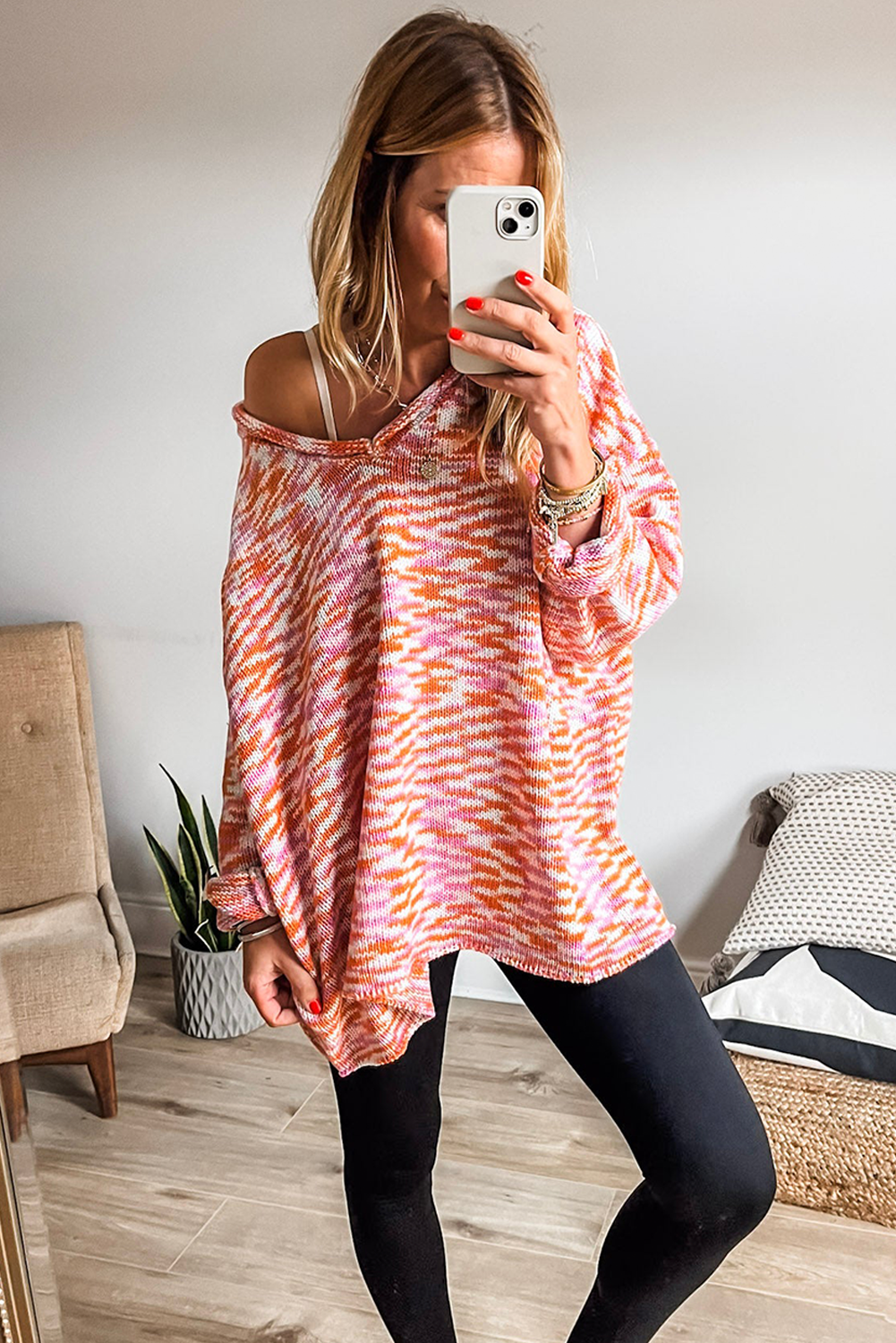 Women’s Orange Oversized Sweater – Fall Abstract Print V-Neck Drop Shoulder Tunic
