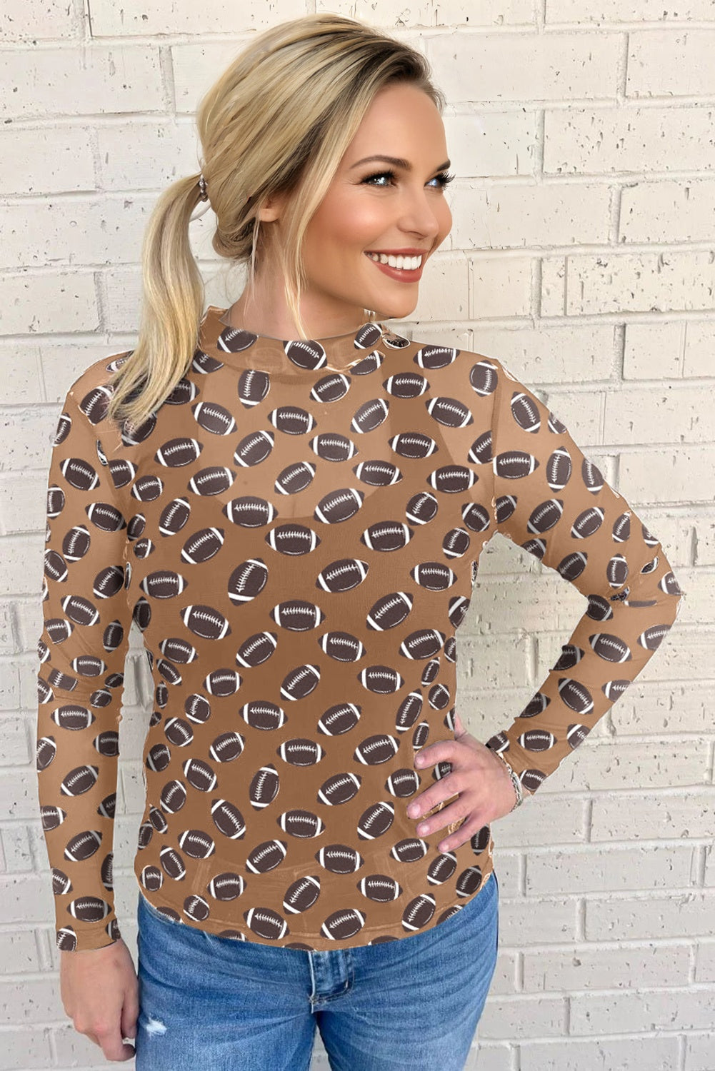 Brown Football Mesh Top, Womens Game Day Sheer Long Sleeve Shirt, Sexy Mock Neck Football Print Top, Sporty Tailgate Outfit