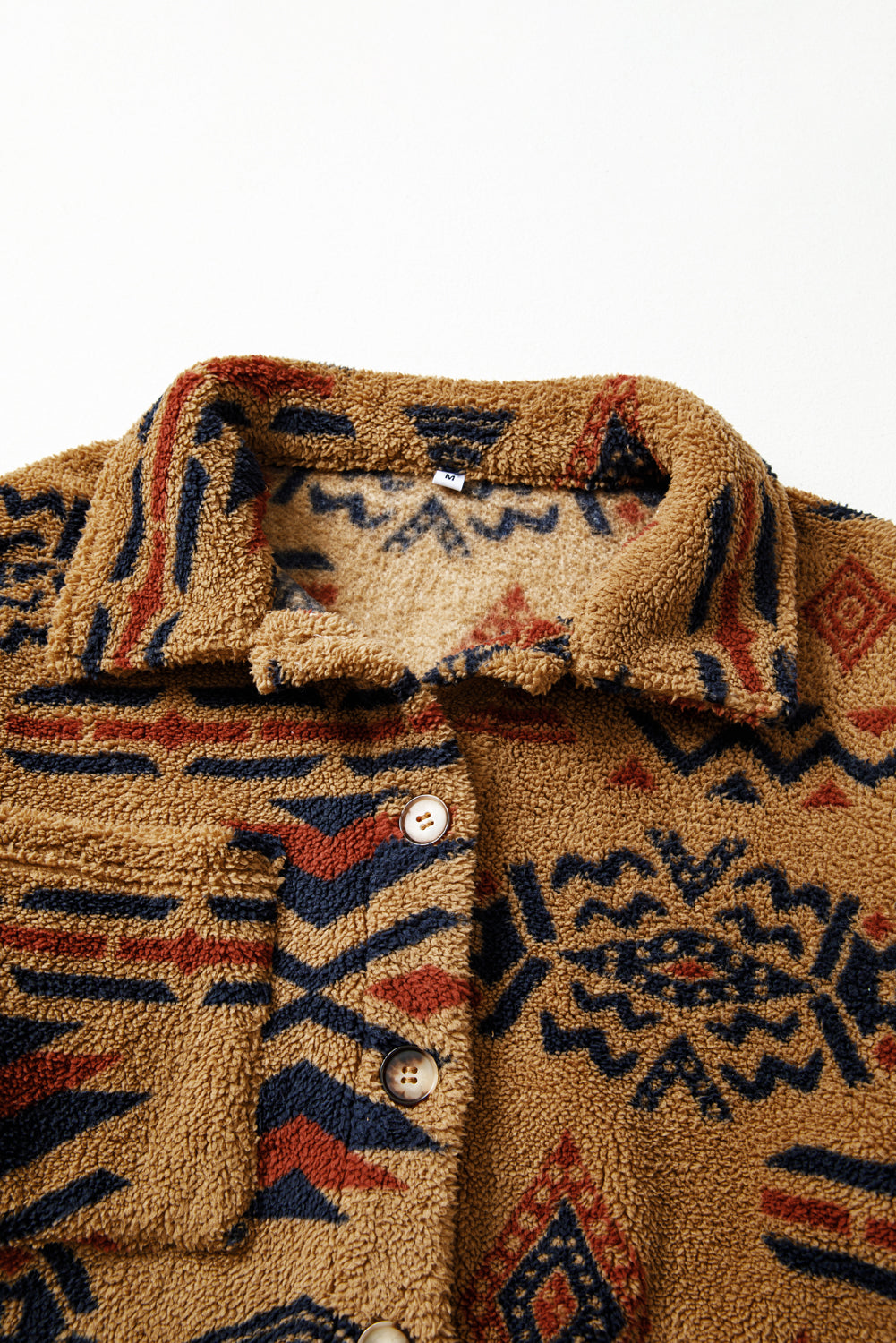 Khaki Aztec Fleece Shacket – Western Button Front Jacket Shirt with Pockets, Cozy Fall & Winter Layering Top