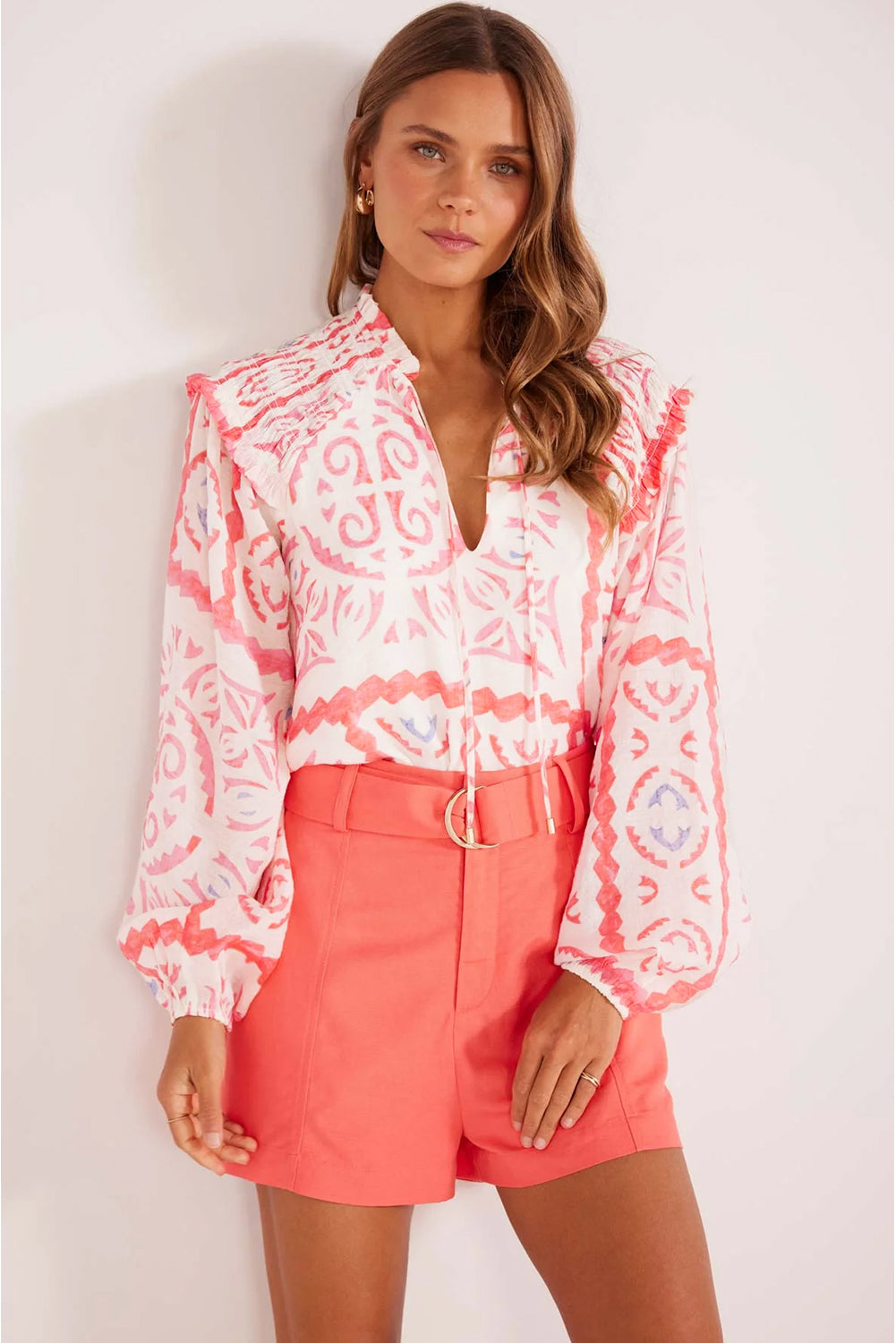 Desert Flower Vintage Print Vintage Western Blouse with Poet Collar & Blouson Sleeves | Loose Fit Printed Top