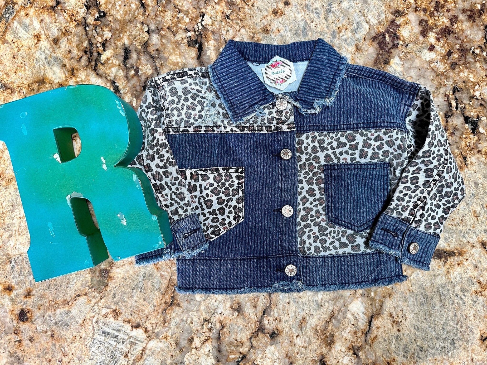 Cheetah and Denim Jacket, Girls Frayed Fall Coat - Razels