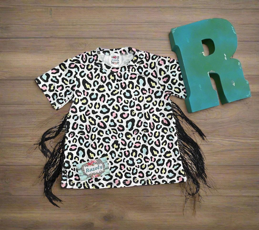 Cheetah Print Dress Fringe Dress Girls Colorful Animal Print BOHO T-Shirt Dress - Razels