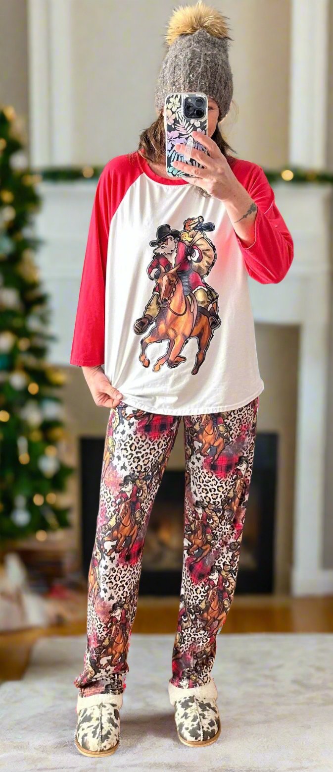 Cheetah Santa GIDDY UP Cowboy Santa Christmas Pjs / JINGLE Horse Santa Pajamas /Western Christmas Pajamas - Razels