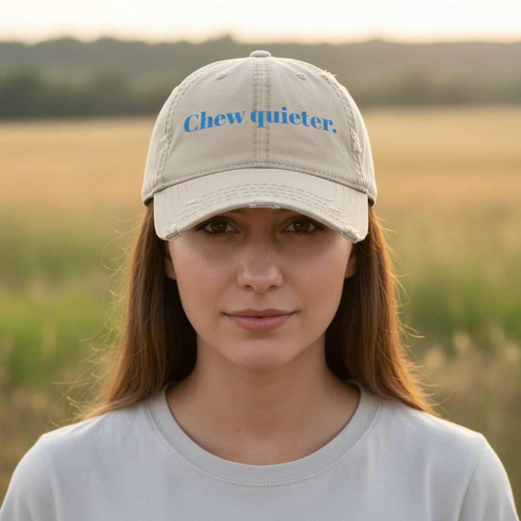 Beige cap with blue text 'Chew quieter.' on a white background