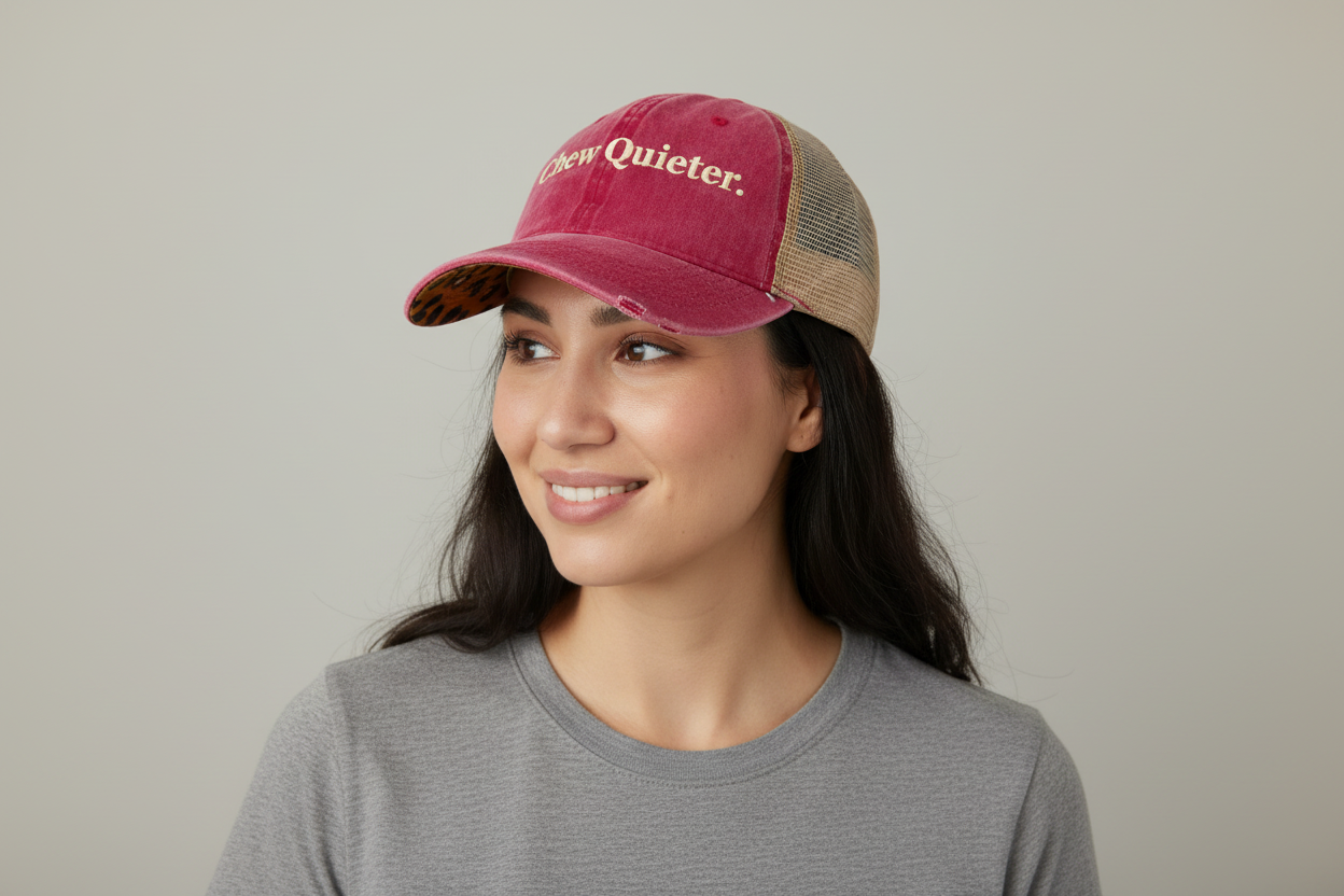 chew quieter trucker pony tail hat, mesh back cap