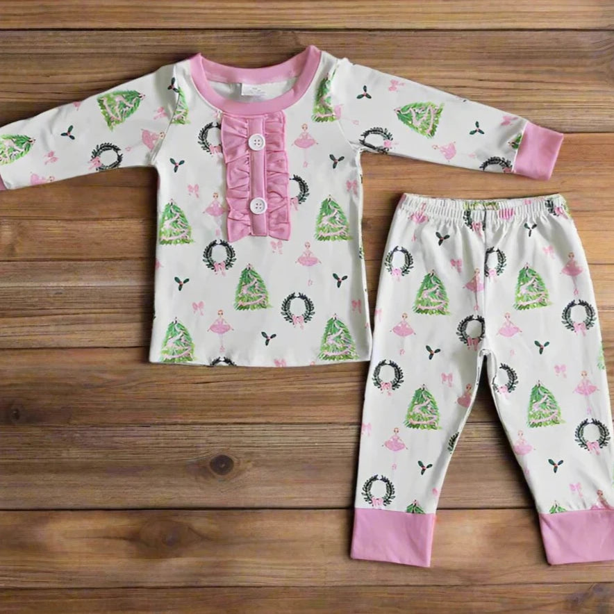 CHRISTMAS Ballerina Pajamas, Pink Christmas PJs, Christmas Dancer Christmas Tree Pjs, - Razels