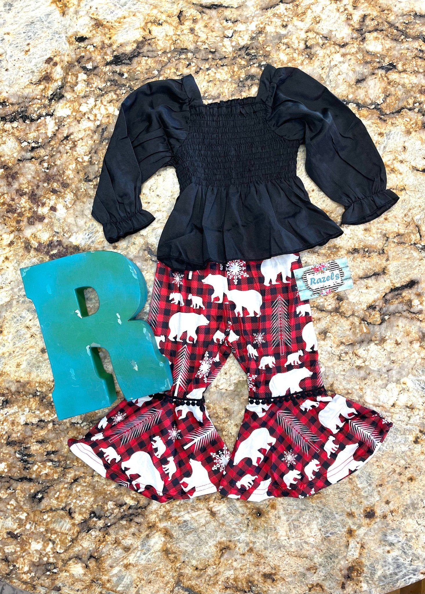 Christmas Bear Toddler Outfit, Buffalo Plaid Bear Snowflake Bell Bottoms - Razels