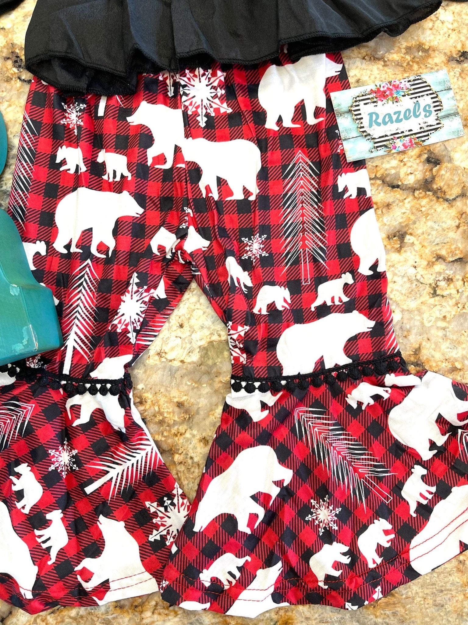 Christmas Bear Toddler Outfit, Buffalo Plaid Bear Snowflake Bell Bottoms - Razels