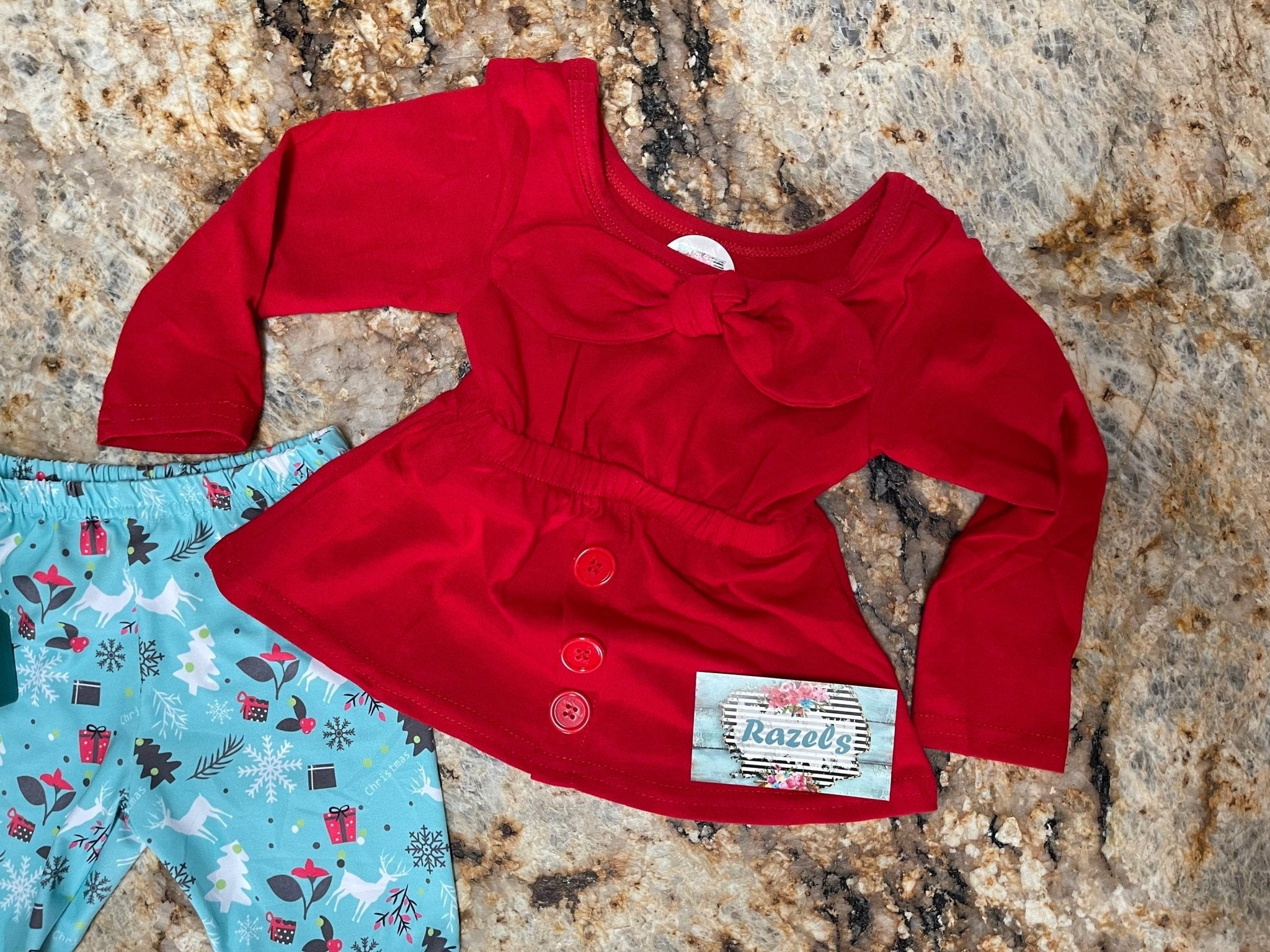 Christmas Boutique Bell Bottom Outfit / BOHO Reindeer Flare Pants, Christmas Red Bow Top - Razels