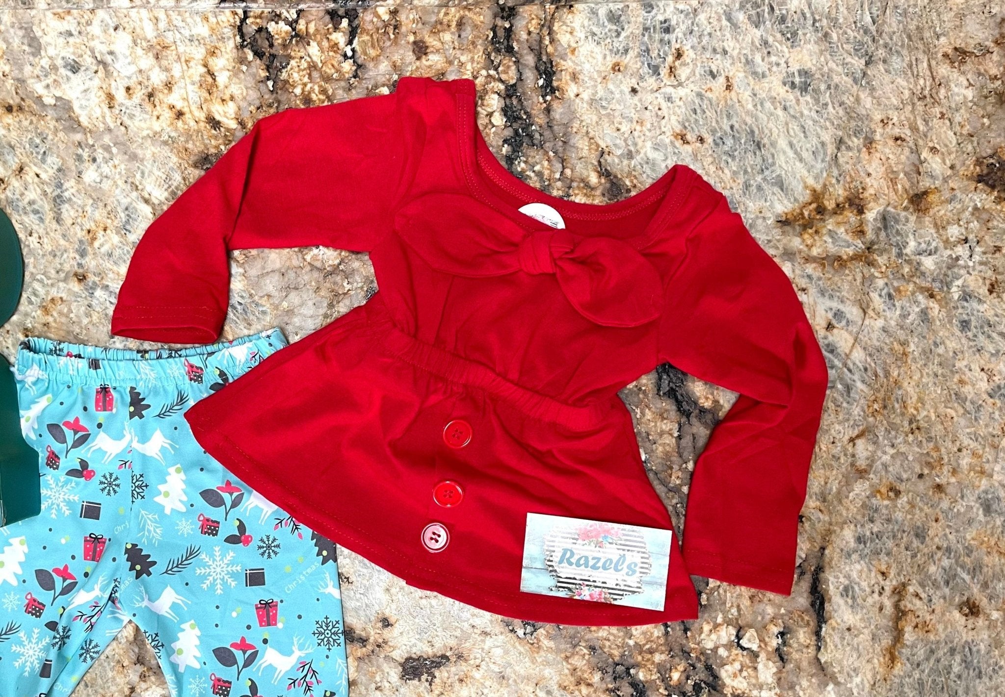 Christmas Boutique Bell Bottom Outfit / BOHO Reindeer Flare Pants, Christmas Red Bow Top - Razels