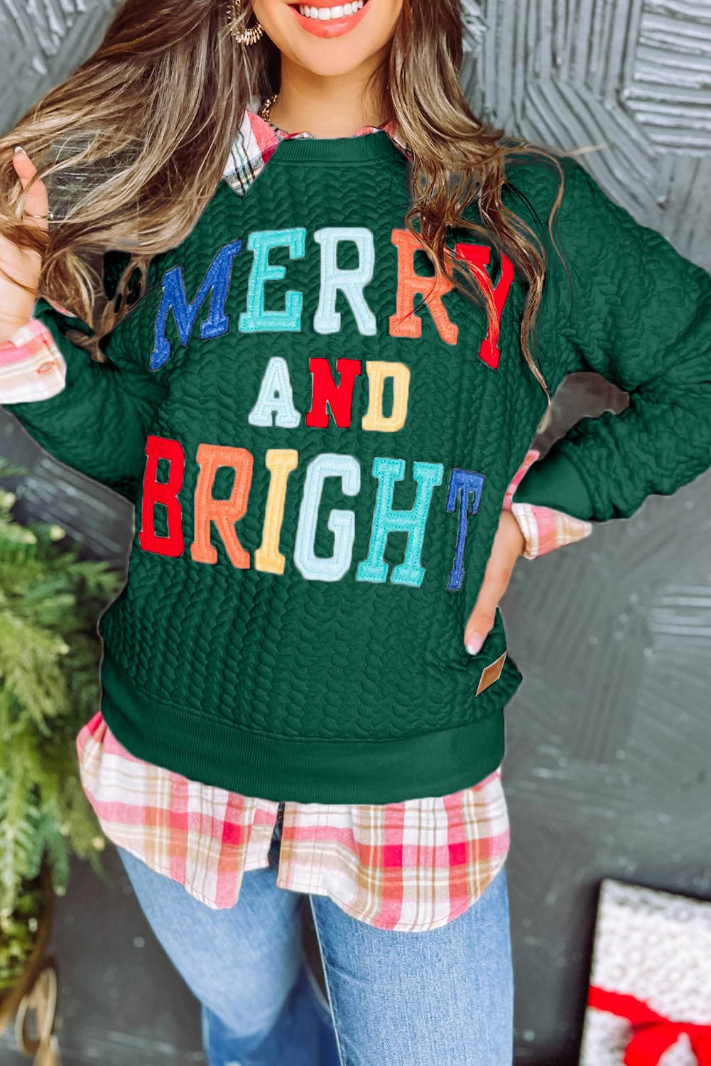 Christmas Merry and Bright Sweatshirt, Hunter Green Holiday Pullover, Cable Knit Pullover Sweatshirt - Razels