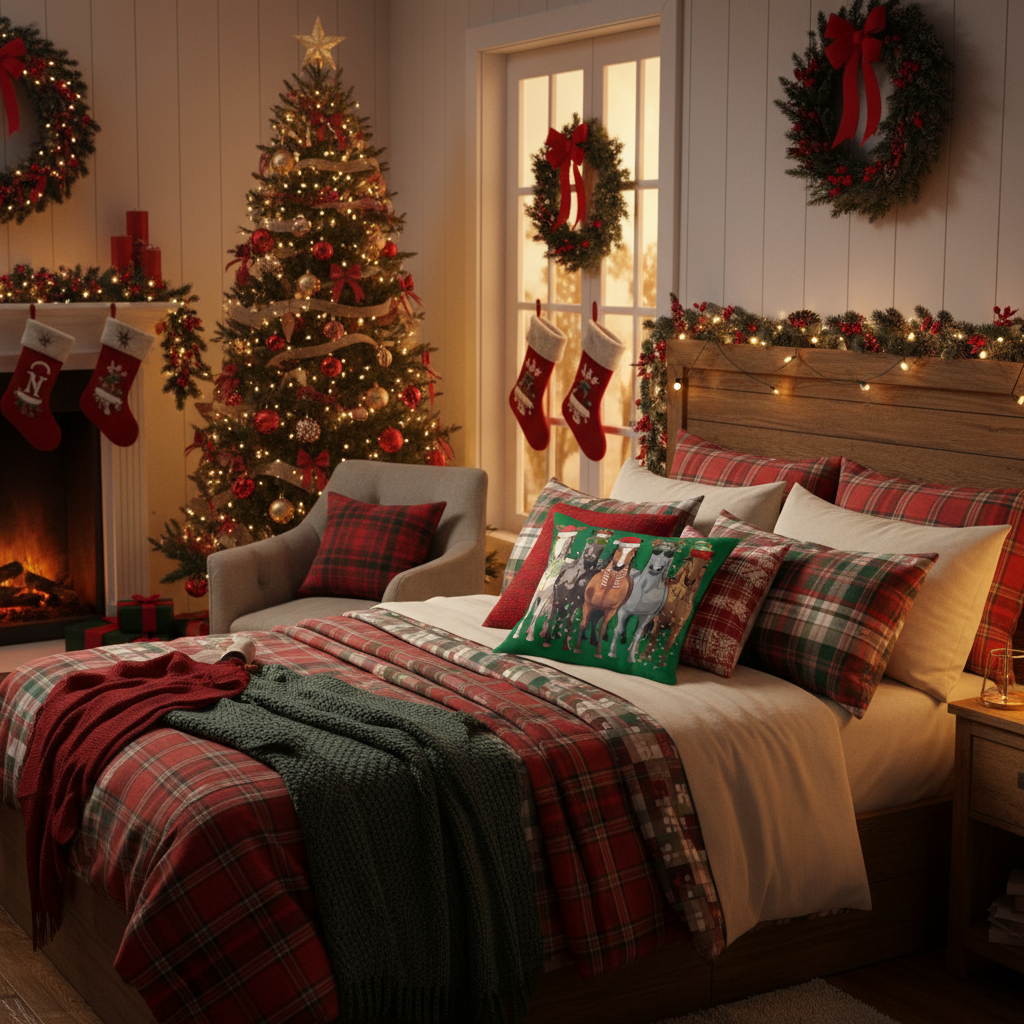 Cozy bedroom decorated for Christmas with a tree, stockings, and festive pillows.