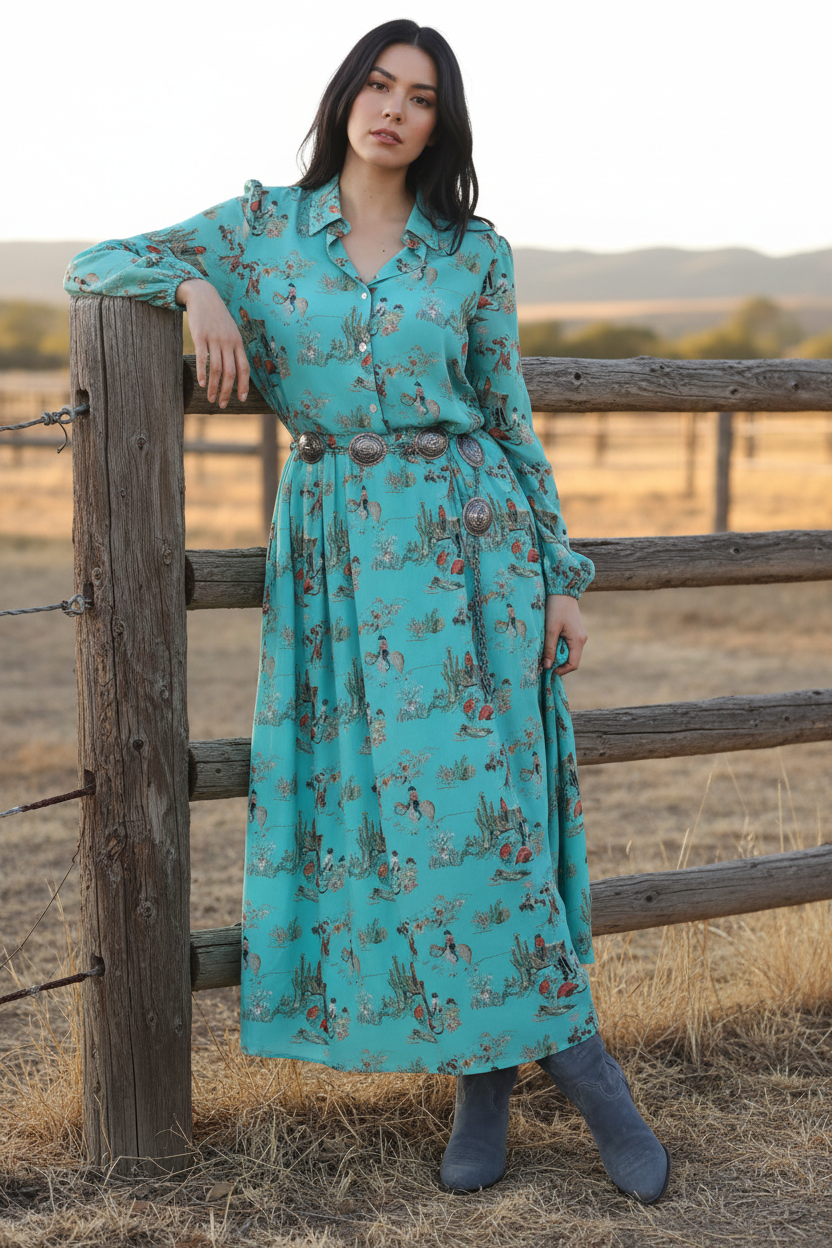 Woman in a long turquoiseclassy western long sleeve dress standing by a wooden fence in a rural setting.