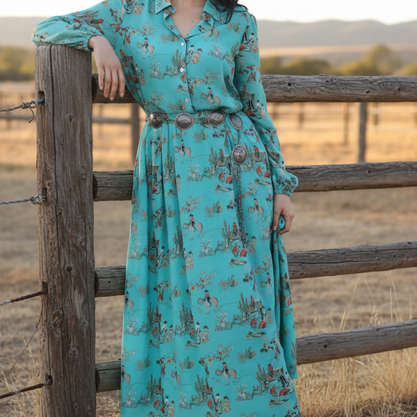 Turquoise Western Maxi Dress | Long Sleeve Cowboy Print Dress Turquoise Western Maxi Dress | Long Sleeve Cowboy Print Dress