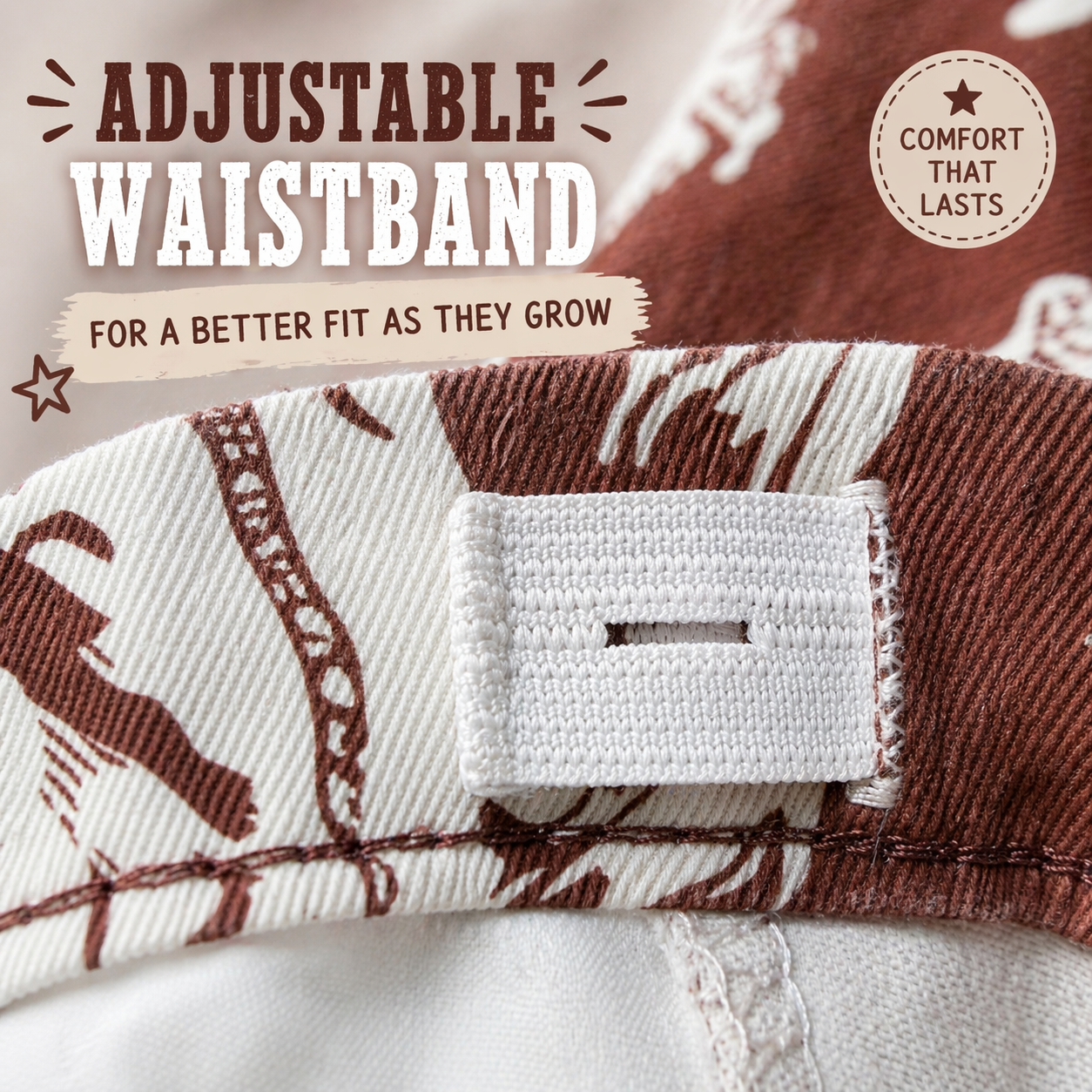 Close-up of a brown adjustable waistband with text on a beige background