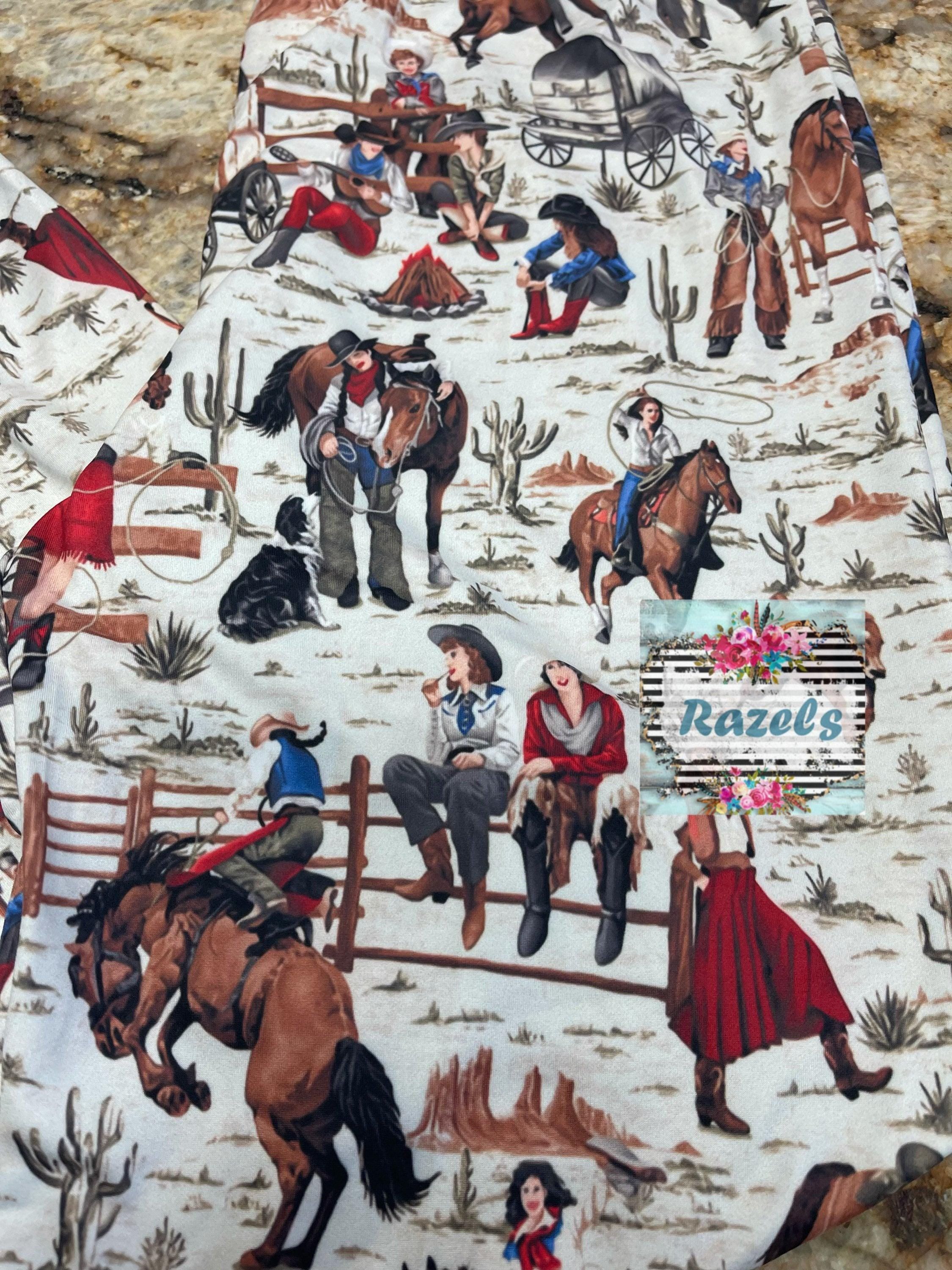 A cowgirl pajama set featuring a cheerful design of a cowgirl who can rope, ride broncs, and sing—complete with her trusty horse and dog by her side! Cute and soft and also available in matching mom size!