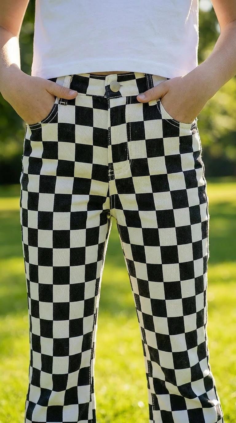 closeup of girls pockets checkerboard pants
